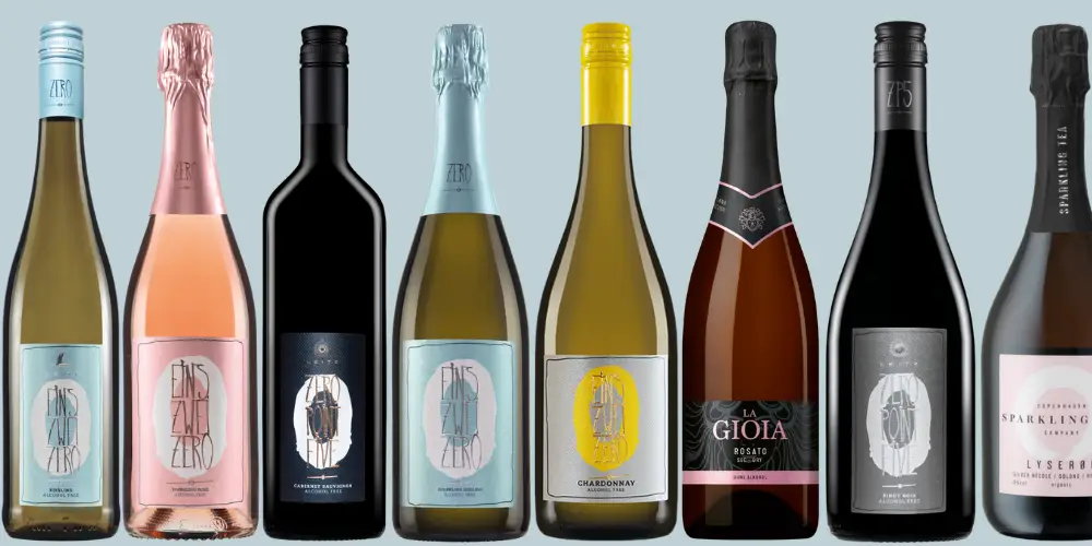 Aufreihung von diversen alkoholfreien Weinen.