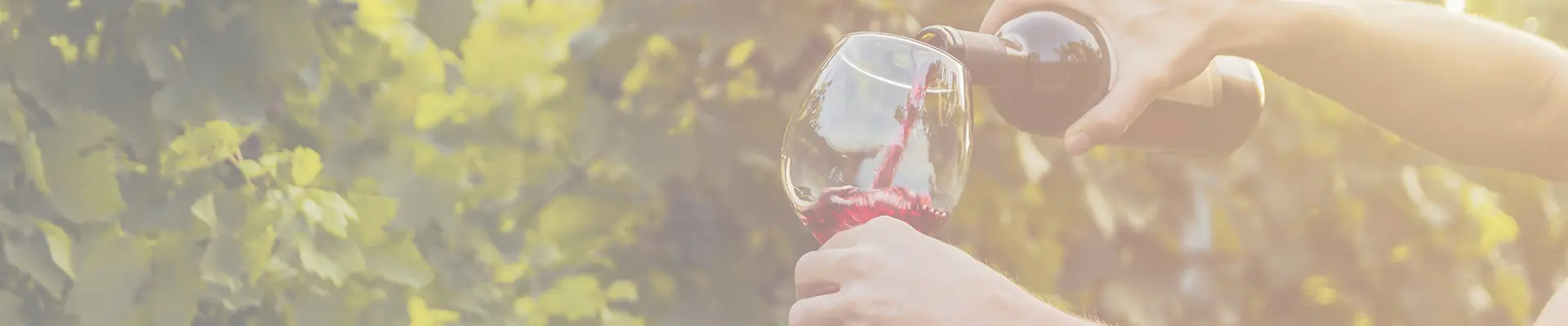 Jemand schenkt Rotwein in der Luft in ein Weinglas ein.